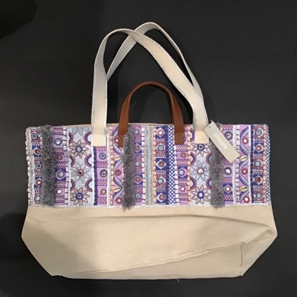 NWT Chico’s Embellished Canvas Beach Bag/Tote